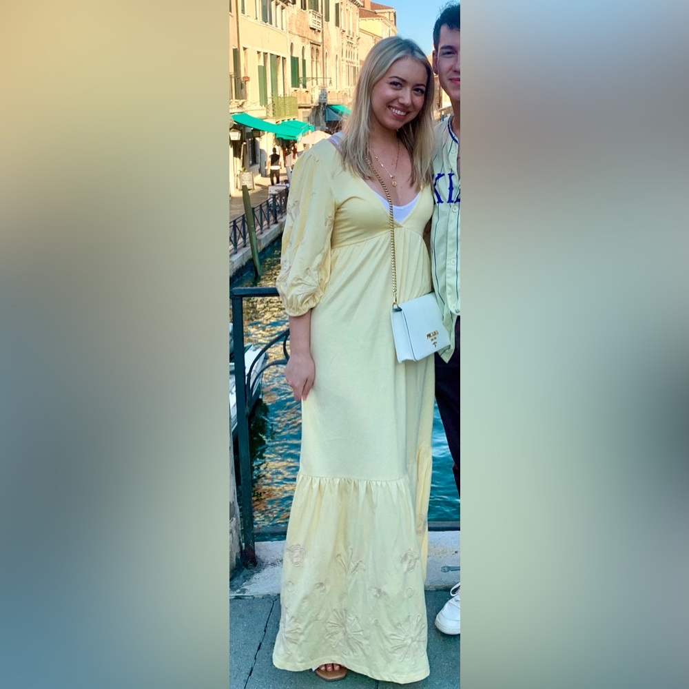 Cute Yellow Puff Sleeve Maxi Dress with Embroidery